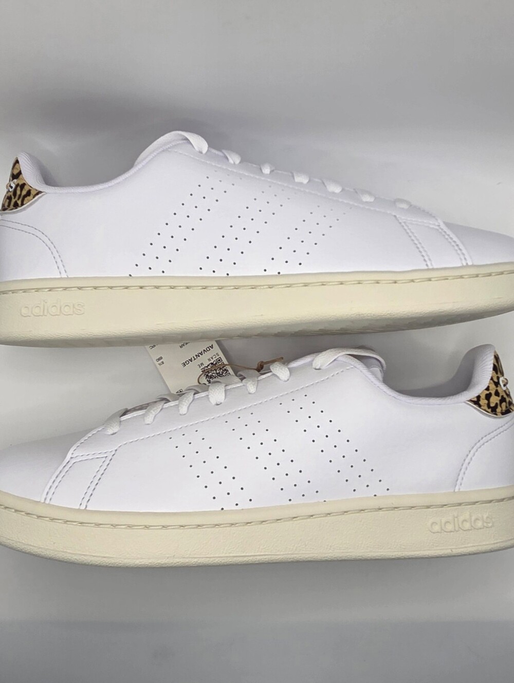 Adidas Advantage Womens Size 10 White Leather Sneakers with Leopard Heel Accent